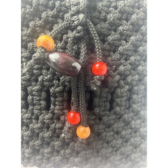 Macrame Handbag Black Bamboo‎ Round Wood Handles Boho Hippie Cottagecore Purse - Picture 2 of 7